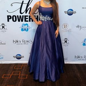 A-Line Spaghetti Straps Navy Blue Long Prom Dresses With Beading Pockets